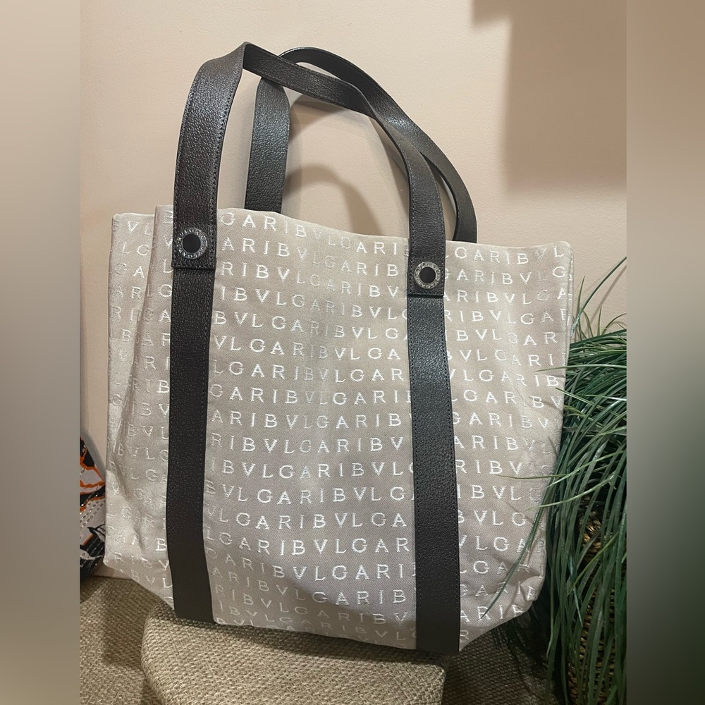Bvlgari Logo Mania canvas and leather tote bag in beige and brown